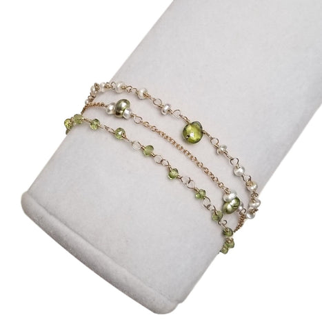 Triple Strand Peridot Bracelet with Green Freshwater Pearls and Gold-filled Chain