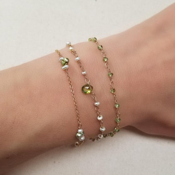 Triple Strand Peridot Bracelet with Green Freshwater Pearls and Gold-filled Chain