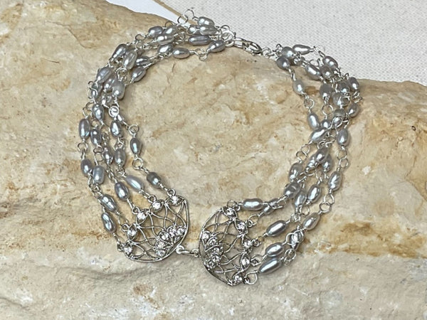 Filigree Butterfly Bracelet with Sleek Grey Pearls and Sterling Silver