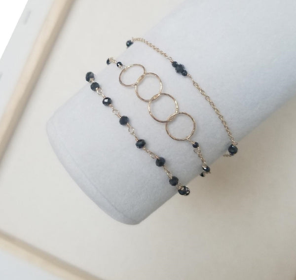 Triple Strand Bracelet with Sparkling Black Spinel and Gold Filled Chain