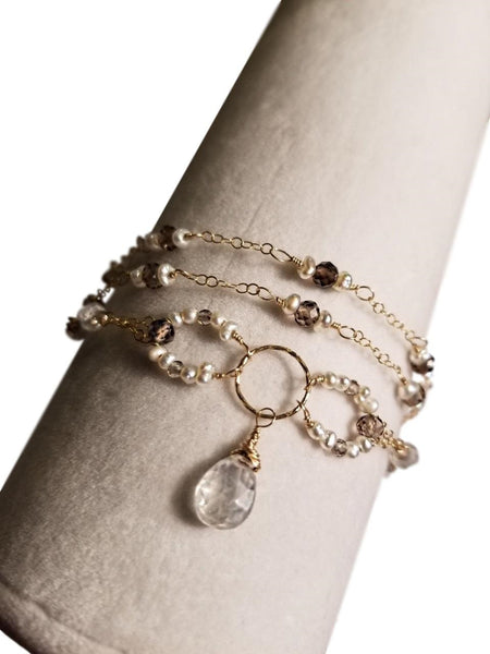 Triple Strand Bracelet with Smoky Quartz, Moonstone, Freshwater Pearls and Gold-fill Chain