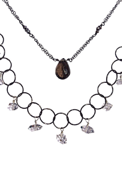 Oxidized silver necklace with Herkimer diamonds and smokey quartz crystal