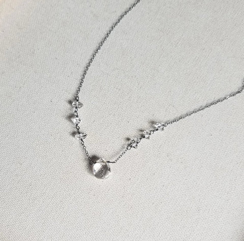 Teardrop Quartz and Herkimer Diamond Necklace with Oxidized Sterling Silver Chain