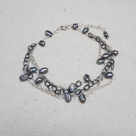 Gunmetal and  Silver Bracelet with Black Pearls