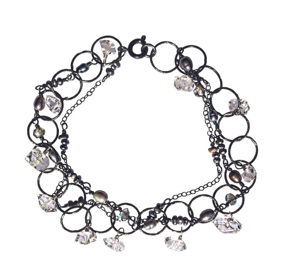 Oxidized sterling silver bracelet with Herkimer diamonds, labradorite gemstones and black pearls