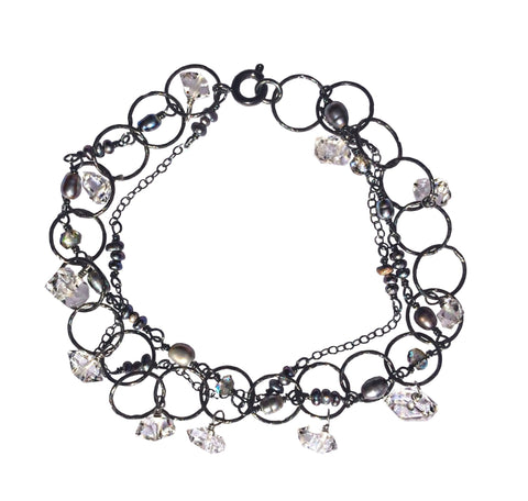 Oxidized sterling silver bracelet with Herkimer diamonds, labradorite gemstones and black pearls 