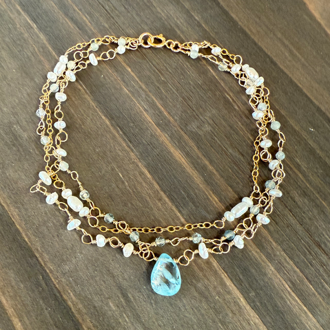 Multi-Strand Blue Zircon & Aquamarine Bracelet, Gold-Filled Chain