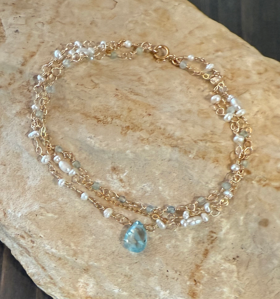 Multi-Strand Blue Zircon & Aquamarine Bracelet, Gold-Filled Chain
