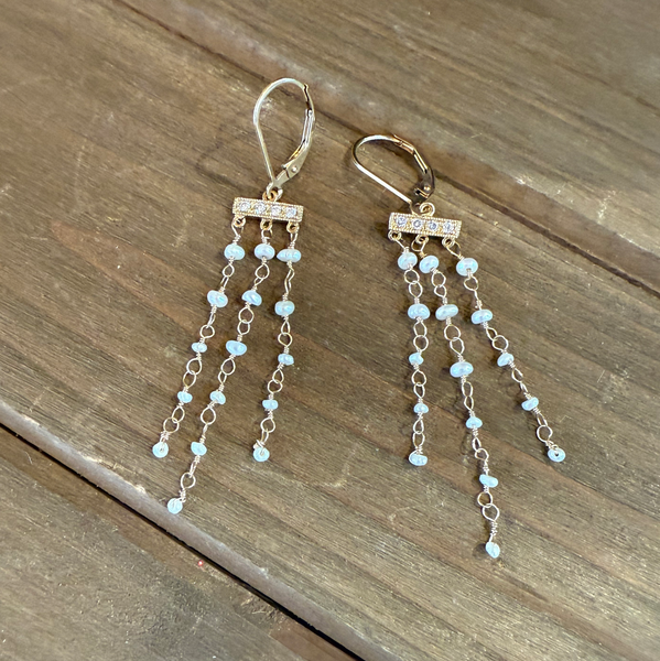 Gold Filled Chandelier Earrings, Micro Pavé CZ Bar & Freshwater Pearls