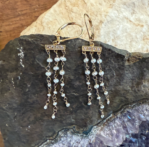 Gold Filled Chandelier Earrings, Micro Pavé CZ Bar & Freshwater Pearls