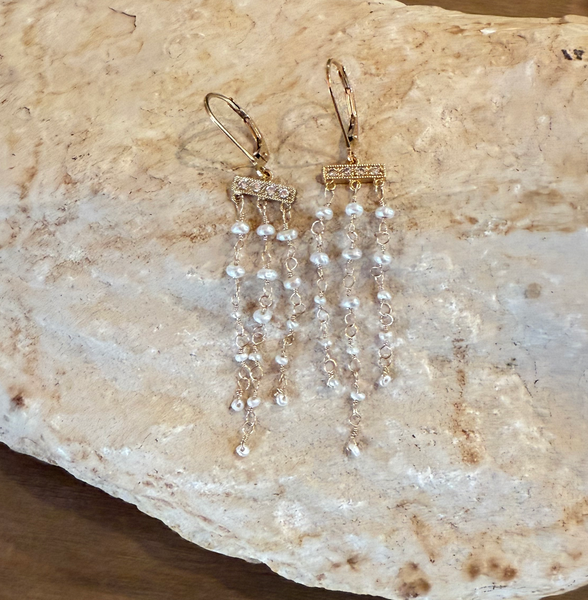 Gold Filled Chandelier Earrings, Micro Pavé CZ Bar & Freshwater Pearls