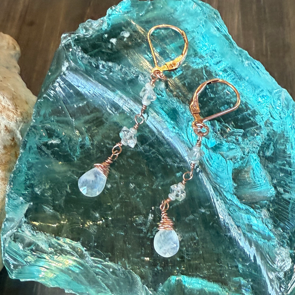 Rainbow Moonstone Earrings, Herkimer Diamond Drops with Rose Gold-Filled Metal
