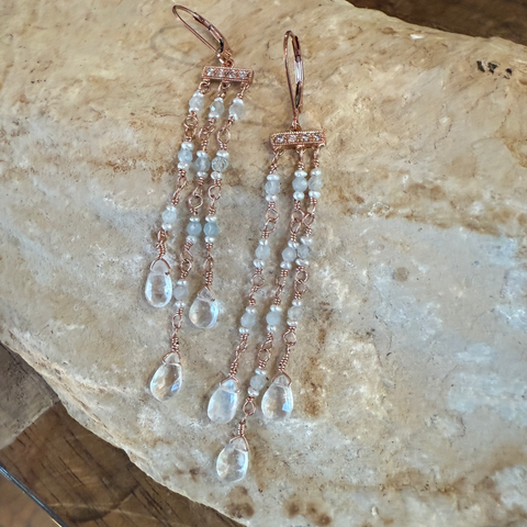 Chandelier Tassel Earrings, Chalcedony Pearl, Rainbow Moonstone Drops, Rose Gold Filled