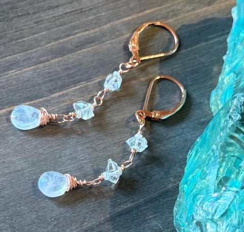 Rainbow Moonstone Earrings, Herkimer Diamond Drops with Rose Gold-Filled Metal