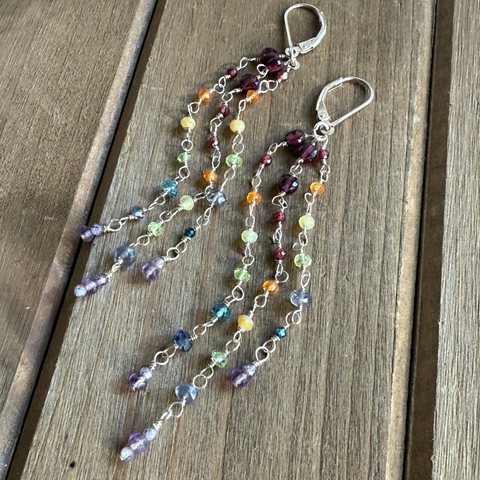 Sterling Silver Rainbow Gemstone Tassel Earrings