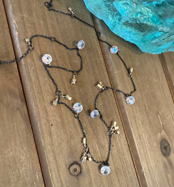 Mixed Metal CZ Disc Necklace, Hematite & Oxidized Silver