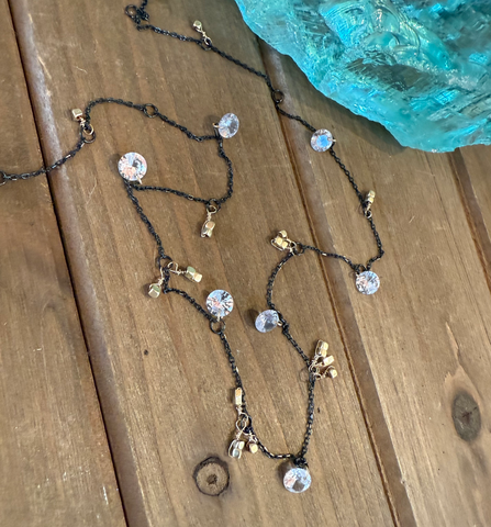 Mixed Metal CZ Disc Necklace, Hematite & Oxidized Silver