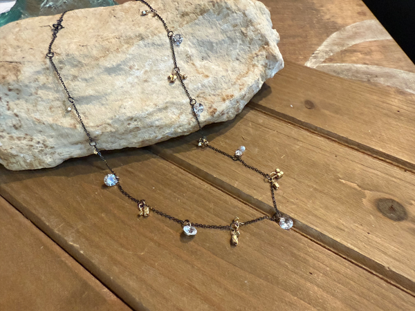 Mixed Metal CZ Disc Necklace, Hematite & Oxidized Silver