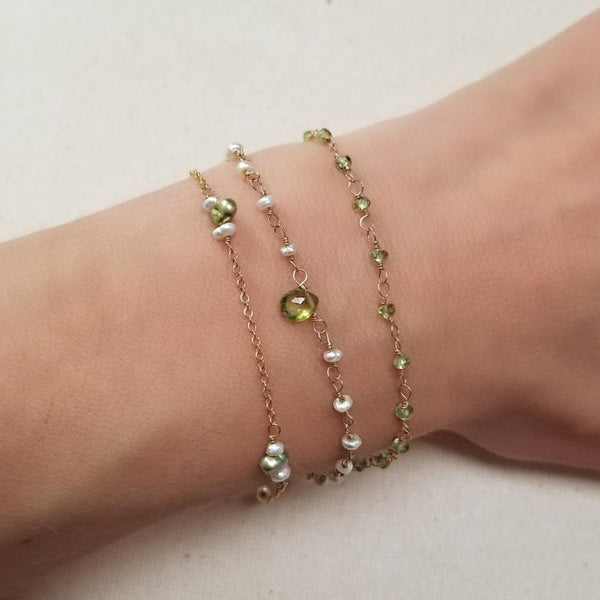 Triple Strand Peridot Bracelet with Green Freshwater Pearls and Gold-filled Chain