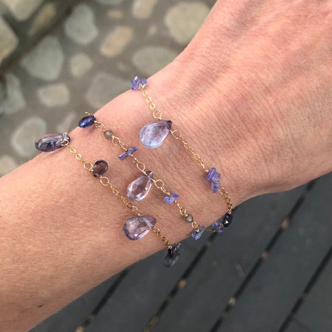 Multi-strand Bracelet w/ Iolite, Blue Quartz, Tanzanite Chips & Labradorite Drops