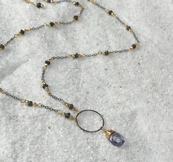 Aviana Necklace with Blue Quartz Teardrop, Oxidized Chain, Iolite and Gold Pyrite