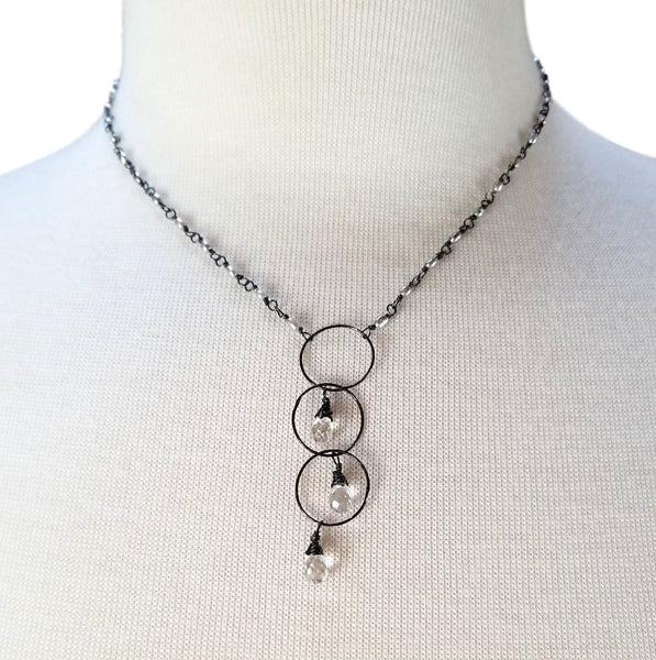 Quartz Drop, Pearl & Oxidized Silver Hoop Necklace