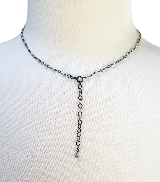 Quartz Drop, Pearl & Oxidized Silver Hoop Necklace