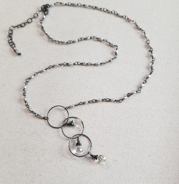 Quartz Drop, Pearl & Oxidized Silver Hoop Necklace