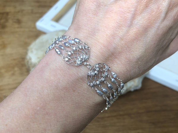 Filigree Butterfly Bracelet with Sleek Grey Pearls and Sterling Silver
