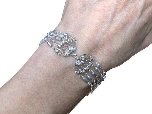 Filigree Butterfly Bracelet with Sleek Grey Pearls and Sterling Silver