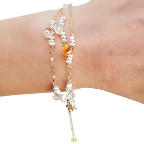 Saffron Bracelet with Opal, Pearl and Gold Chain, Multi-strand