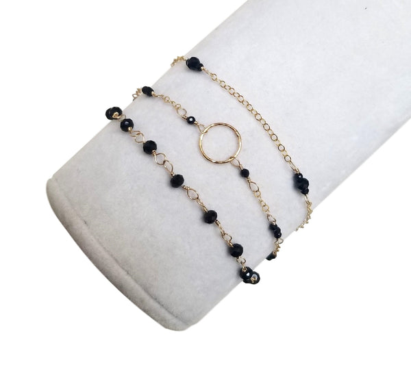 Triple Strand Bracelet with Black Spinel and Gold Filled Chain