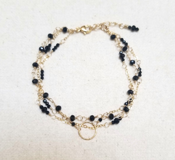 Triple Strand Bracelet with Black Spinel and Gold Filled Chain