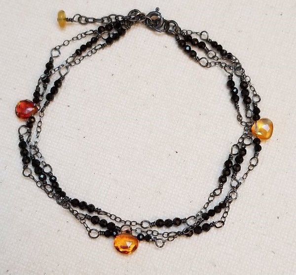 Triple Strand Candy Corn Bracelet with Ethiopian Opals and Black Spinel