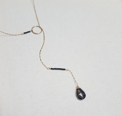Gold Filled Lariat Necklace w/ Black Spinel & Smoky Quartz Drop