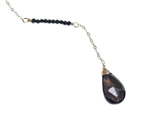 Gold Filled Lariat Necklace w/ Black Spinel & Smoky Quartz Drop