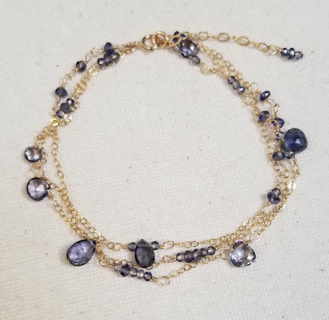 Blue Ocean Iolite Teardrop Bracelet with Gold Filled Chain