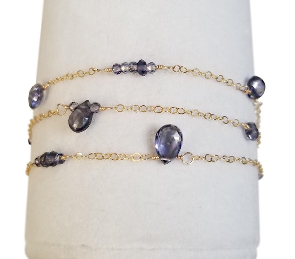 Blue Ocean Iolite Teardrop Bracelet with Gold Filled Chain
