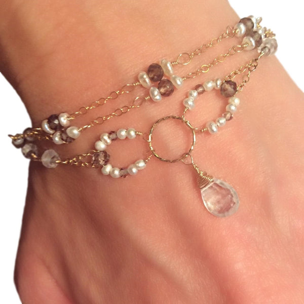 Triple Strand Bracelet with Smoky Quartz, Moonstone, Freshwater Pearls and Gold-fill Chain