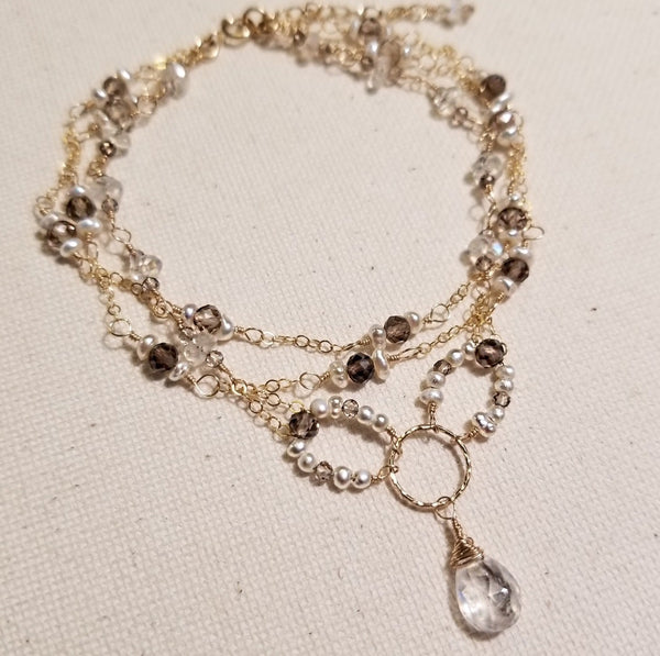 Triple Strand Bracelet with Smoky Quartz, Moonstone, Freshwater Pearls and Gold-fill Chain