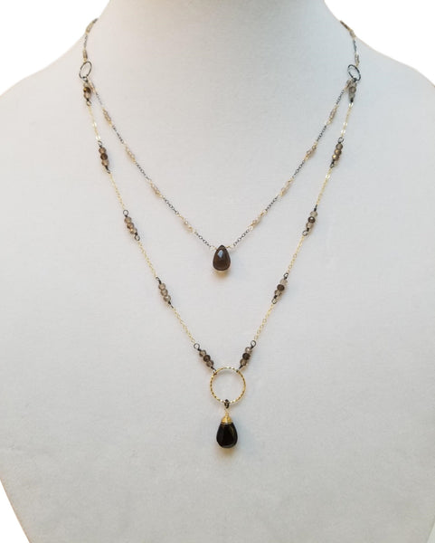 Mixed Metal Oxidized Silver, Gold Filled & Smokey Quartz Necklace