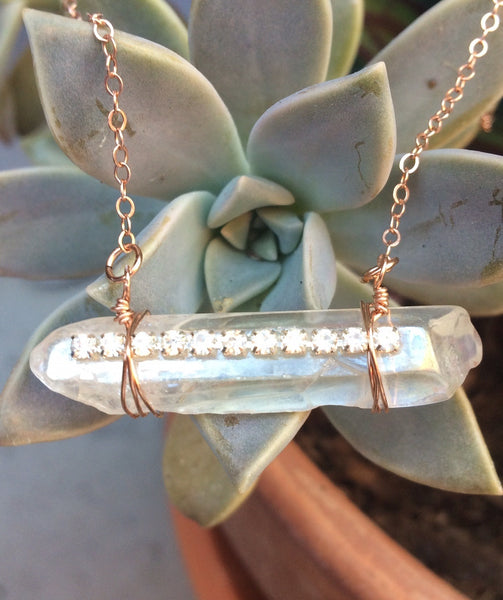 angel aura quartz crystal  necklace with diamonds on rose gold chain