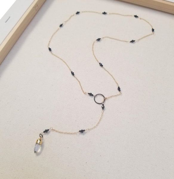 Gold Filled Lariat Necklace w/ Black Spinel & Electroplated Quartz Drop