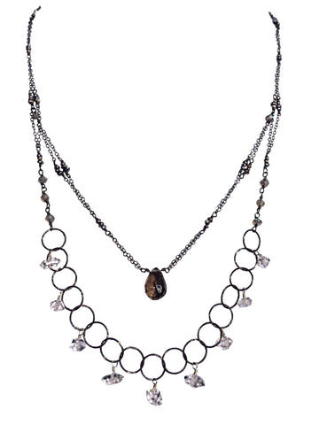 Oxidized sterling silver necklace with Herkimer diamonds, labradorite gemstones and black pearls 