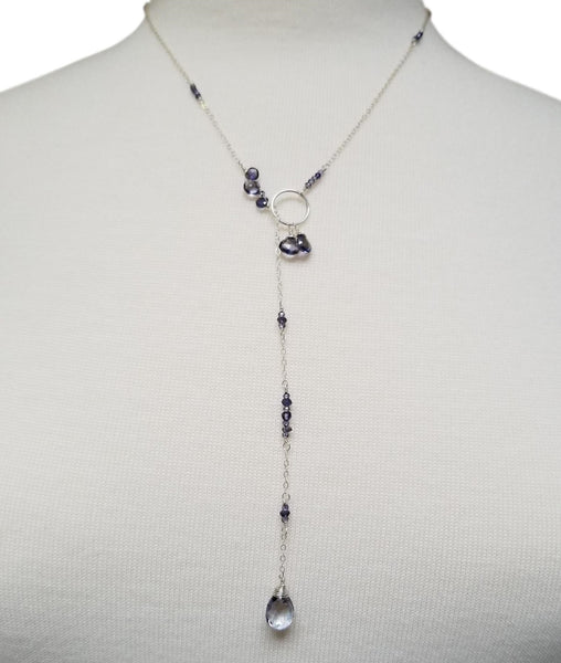 Sterling Silver & Iolite Lariat Necklace w/ Blue Quartz Drop