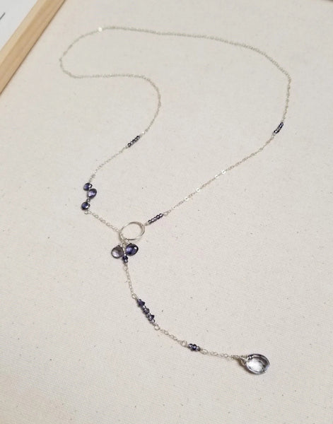 Sterling Silver & Iolite Lariat Necklace w/ Blue Quartz Drop