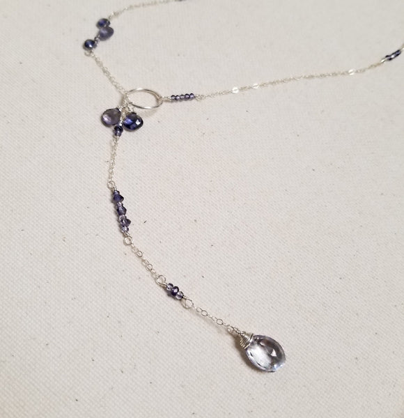 Sterling Silver & Iolite Lariat Necklace w/ Blue Quartz Drop