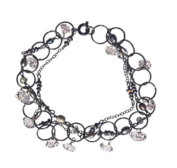 Oxidized sterling silver bracelet with Herkimer diamonds, labradorite gemstones and black pearls 